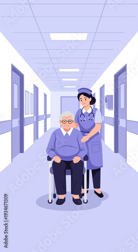 Caring Nurse Assists Elderly Man in Wheelchair Along Hospital Corridor for Medical Care Support