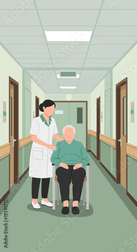 Caring Nurse Assists Elderly Patient in Wheelchair Along Hospital Corridor for Healthcare