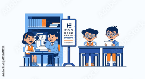 Children Undergoing Vision Tests in a Medical Office Setting with Eye Chart and Equipment