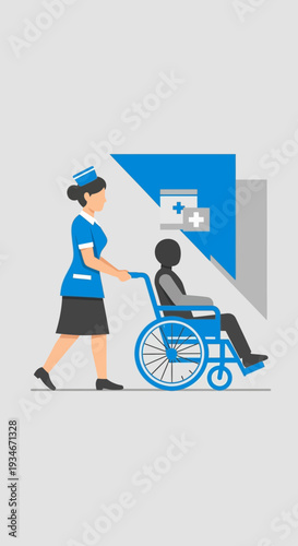 Caring Nurse Assists Patient in Wheelchair for Medical Examination in Hospital Setting