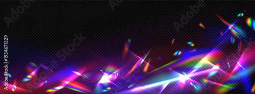 Realistic rainbow prismatic light effect on dark transparent background. Colored lens flare and light refraction effect.