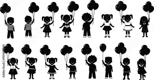 Happy children silhouettes holding balloons set, cute boys and girls group icons, celebration party figures collection, isolated black vector stickers.