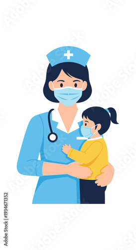 Caring Nurse Comforting Child in Face Mask, Medical Professional Healthcare, Illustration
