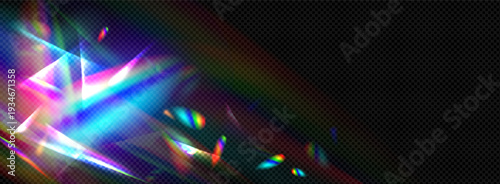 Realistic rainbow prismatic light effect on dark transparent background. Colored lens flare and light refraction effect.