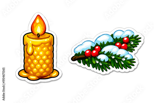 Candle and evergreen branch with snow and berries on a white