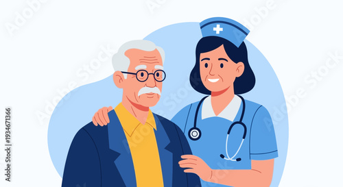 Caring Nurse Comforting Elderly Patient in Hospital or Clinic for Medical Assistance