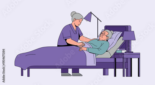Caring Nurse Comforts An Elderly Patient Lying In Bed In A Serene And Calm Setting