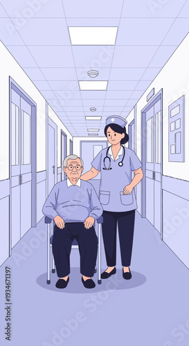 Caring Nurse Comforts Elderly Patient: Hospital Hallway Scene Depicts Compassionate Support