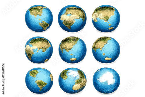 Global maps displayed on spheres set in a three by three grid for