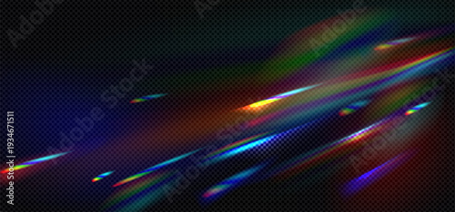 Realistic rainbow prismatic light effect on dark transparent background. Colored lens flare and light refraction effect.