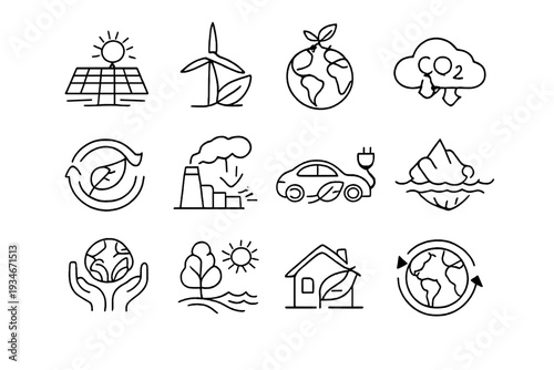Collection of simple icons showing renewable energy climate change and