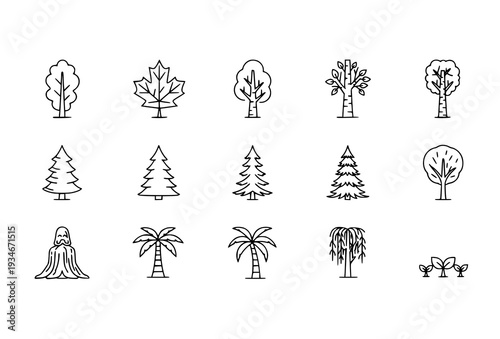 Tree and Forest Line Icon Collection of Deciduous and Coniferous Trees for Modern Design