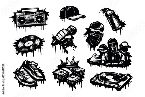 Collection of hip hop elements showing music and street culture in