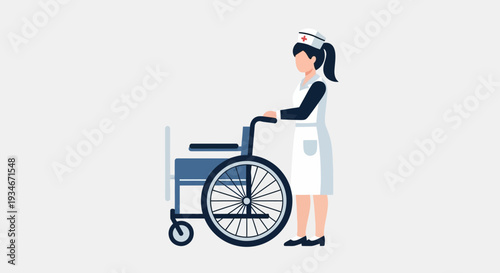 Caring Nurse Pushing Wheelchair: Medical Aid Illustration Featuring Healthcare Professional