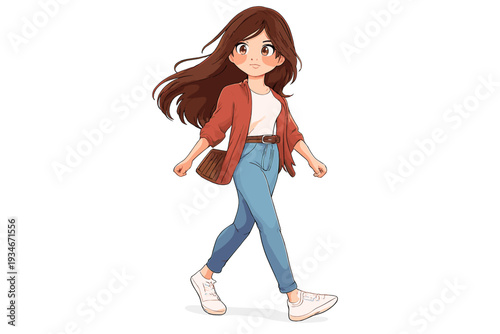 Girl walking in casual outfit with brown cardigan and blue jeans