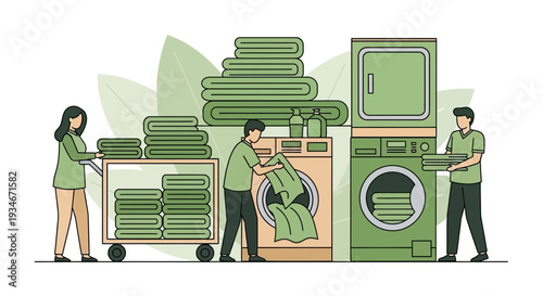 Clean Laundry Service Illustrated With People Washing and Organizing Fresh Linens