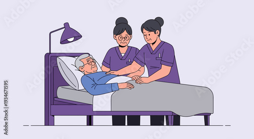 Caring Nurses Attend to Senior Patient in Bed, Examining His Health Condition Carefully