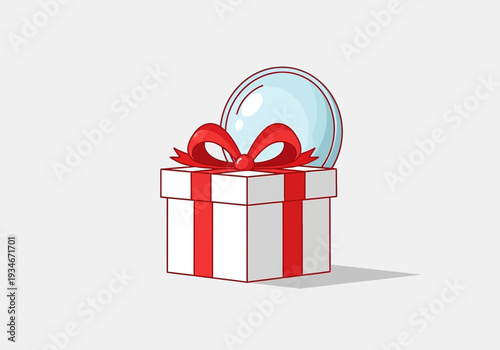 Cartoon Gift Box With Red Bow And Crystal Ball On White Background Vector Illustration