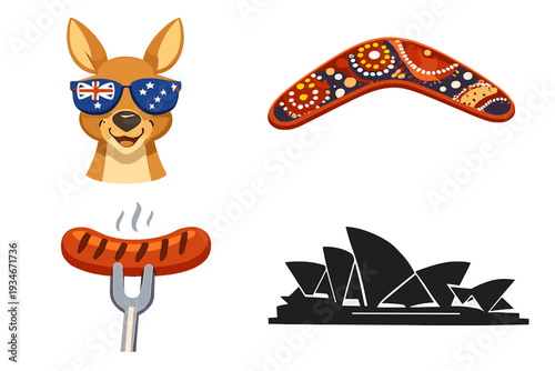 Kangaroo with sunglasses and boomerang sausage on fork and Sydney