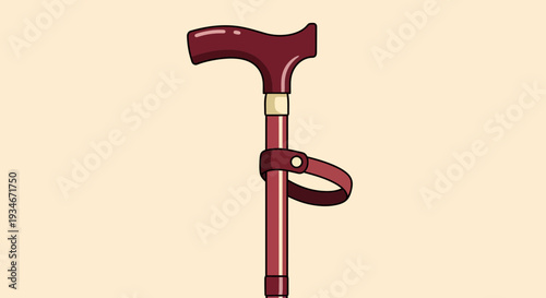 Cartoon Illustration Of Maroon Walking Cane, Isolated On Cream Color Background