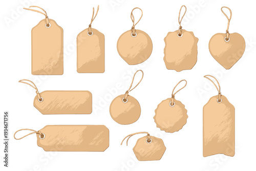 Different shapes of brown tags with strings for labeling or gift