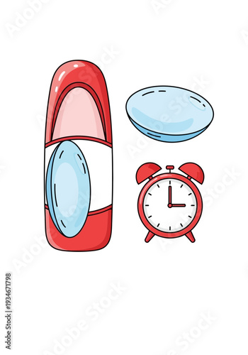 Cartoon Illustration of Red Lens Case, Contact Lens, and Red Alarm Clock on White Backdrop
