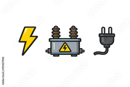 Symbols of electricity showing a lightning bolt a transformer and a