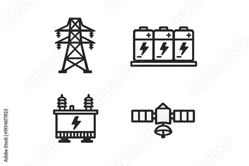 Electricity symbols showing power lines batteries transformer and