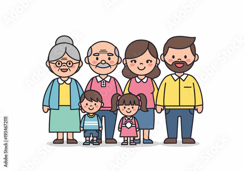 Cartoon Family Members Standing Together Smiling.