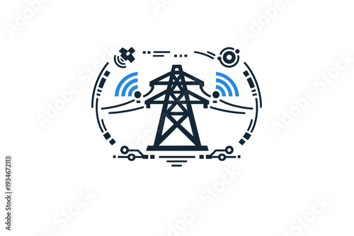 Modern power tower with signal waves showing connection and energy