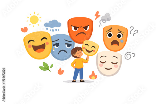 Different faces show emotions with a child holding a mask in a