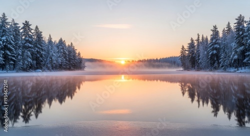 Breathtaking Winter Sunrise over Frozen Lake with Pink Mist, Snow-Covered Pine Forest, Concept for Serene Nature Escape and Winter Mindfulness