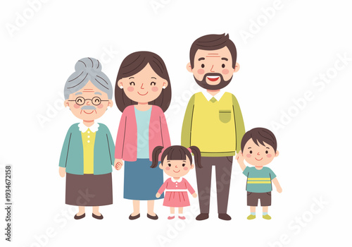 Happy Cartoon Family with Grandmother Standing Together.