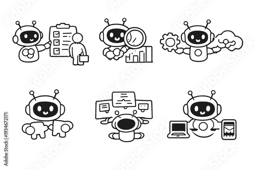 Robots engaged in various tasks like checking lists analyzing data and