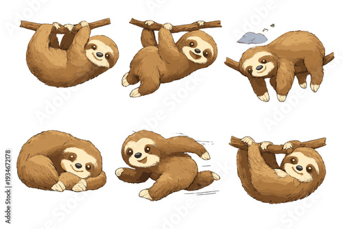 Sloths hanging from branches and moving around in a fun and playful