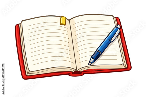 Notebook with blank pages and a blue pen resting on top ready for