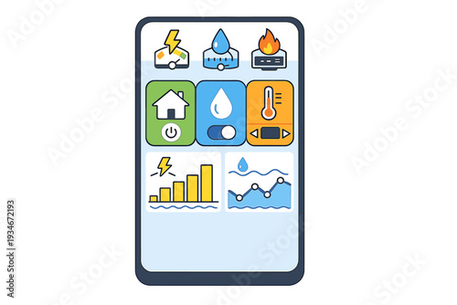 Control panel for home systems showing energy use water levels