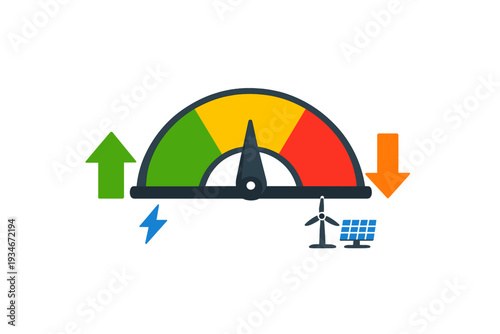 Energy gauge showing levels of wind and solar power usage with arrows