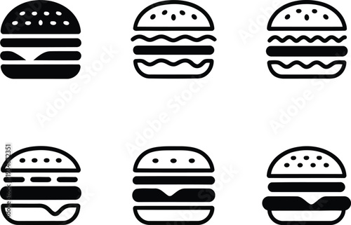 Six stylized black and white burger icons arranged in two rows of three Vector