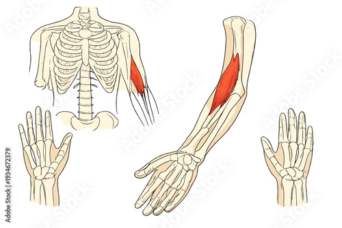 Detailed illustration of human arm muscles showing anatomy of biceps