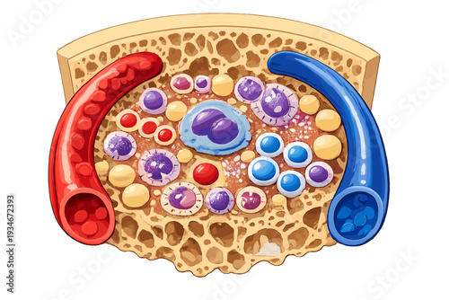 Diagram shows blood cells and bone marrow structure with detailed