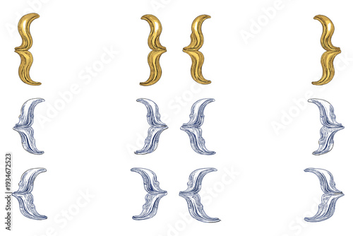Decorative elements in gold and silver shapes displayed in an