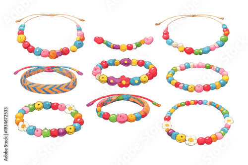 Colorful beaded bracelets displayed on a white background with various