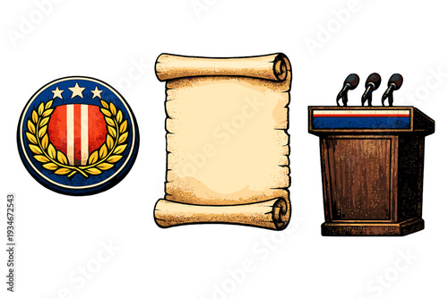 Symbols of governance and public engagement with a podium a scroll and
