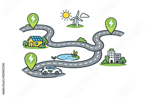 Electric car route map shows places with charging stations and