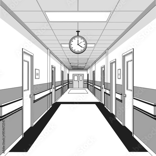 Clinical Perspective: Interior Rendering of Hospital Corridor with Timekeeping and Directional Lines