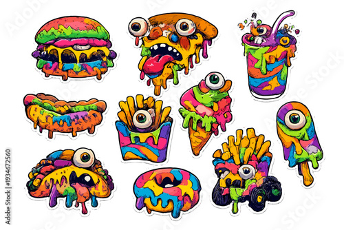 Bright and colorful food stickers featuring various snacks on a white