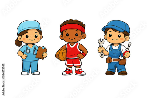 Kids dressed as a doctor a basketball player and a mechanic having fun