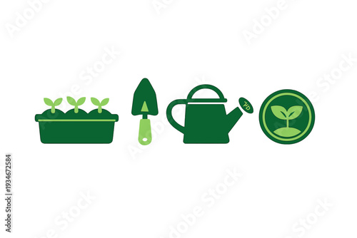Gardening tools and plants in pots arranged in a simple layout for