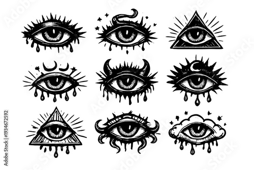 Unique collection of hand-drawn eye symbols with various designs and